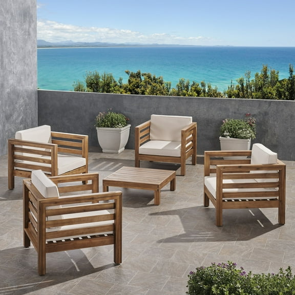 Emma Outdoor 4 Seater Acacia Wood Club Chair and Coffee Table Set, Teak Finish and Beige