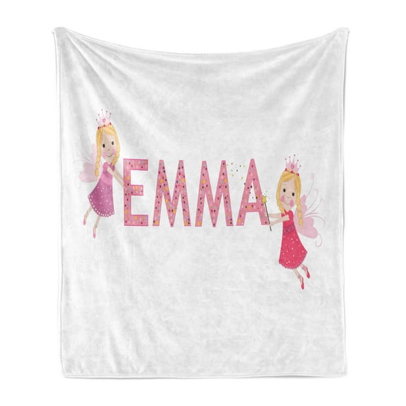 Emma Soft Flannel Fleece Throw Blanket, Fairy Princesses Holding a Popular Widespread Girl Name with Polka Dots Pattern, Cozy Plush for Indoor and Outdoor Use, 50" x 60", Multicolor, by Ambesonne