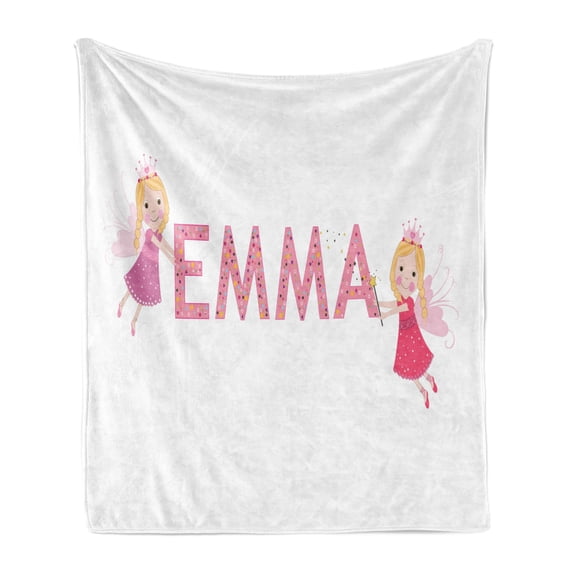 Emma Soft Flannel Fleece Throw Blanket, Fairy Princesses Holding a Popular Widespread Girl Name with Polka Dots Pattern, Cozy Plush for Indoor and Outdoor Use, 70" x 90", Multicolor, by Ambesonne