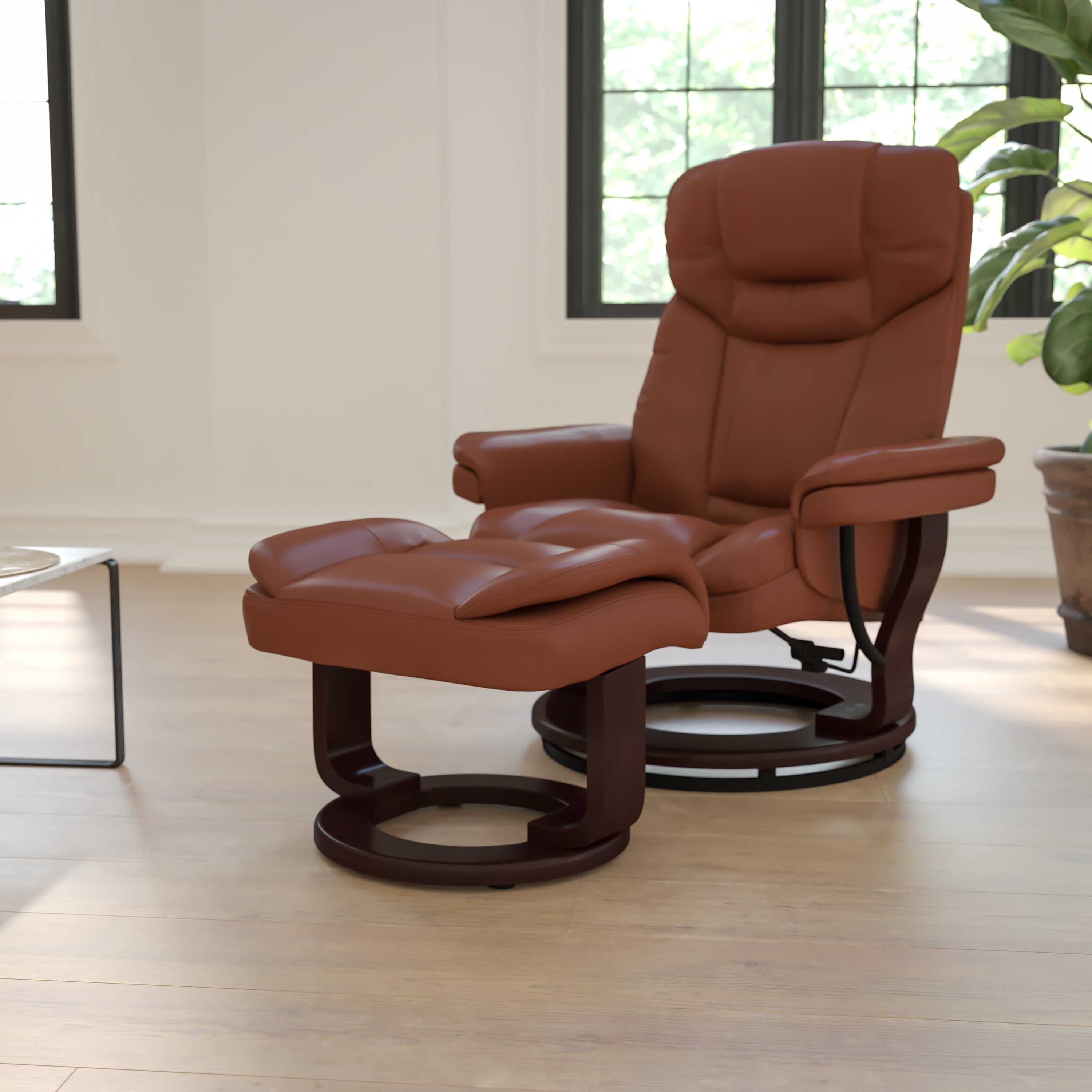 Emma + Oliver Multi-Position Recliner/Curved Ottoman - Swivel Wood Base in Vintage LeatherSoft