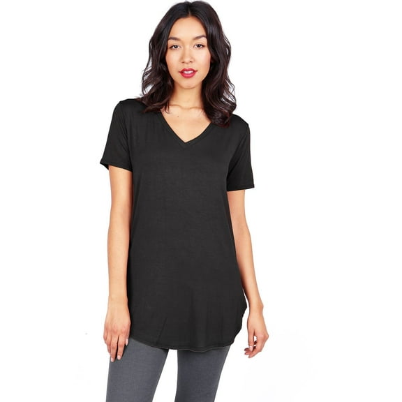 Emma's Closet Women's Stretchy V Neck Short Sleeve Shirt (L, Black)