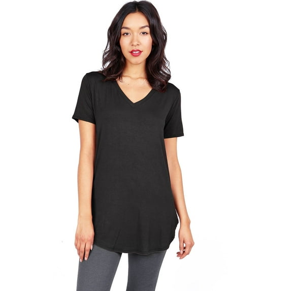 Emma's Closet Women's Stretchy V Neck Short Sleeve Shirt (L, Black)