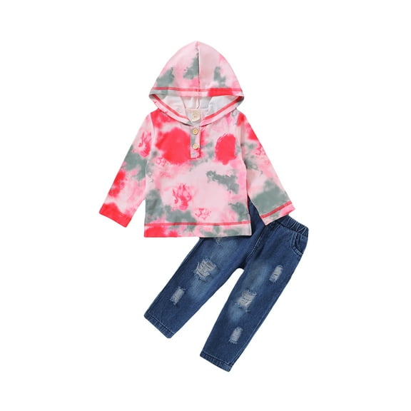 Emmababy Baby Girls Tie-dye Printed Long Sleeve Hooded Top Broken Jeans Set