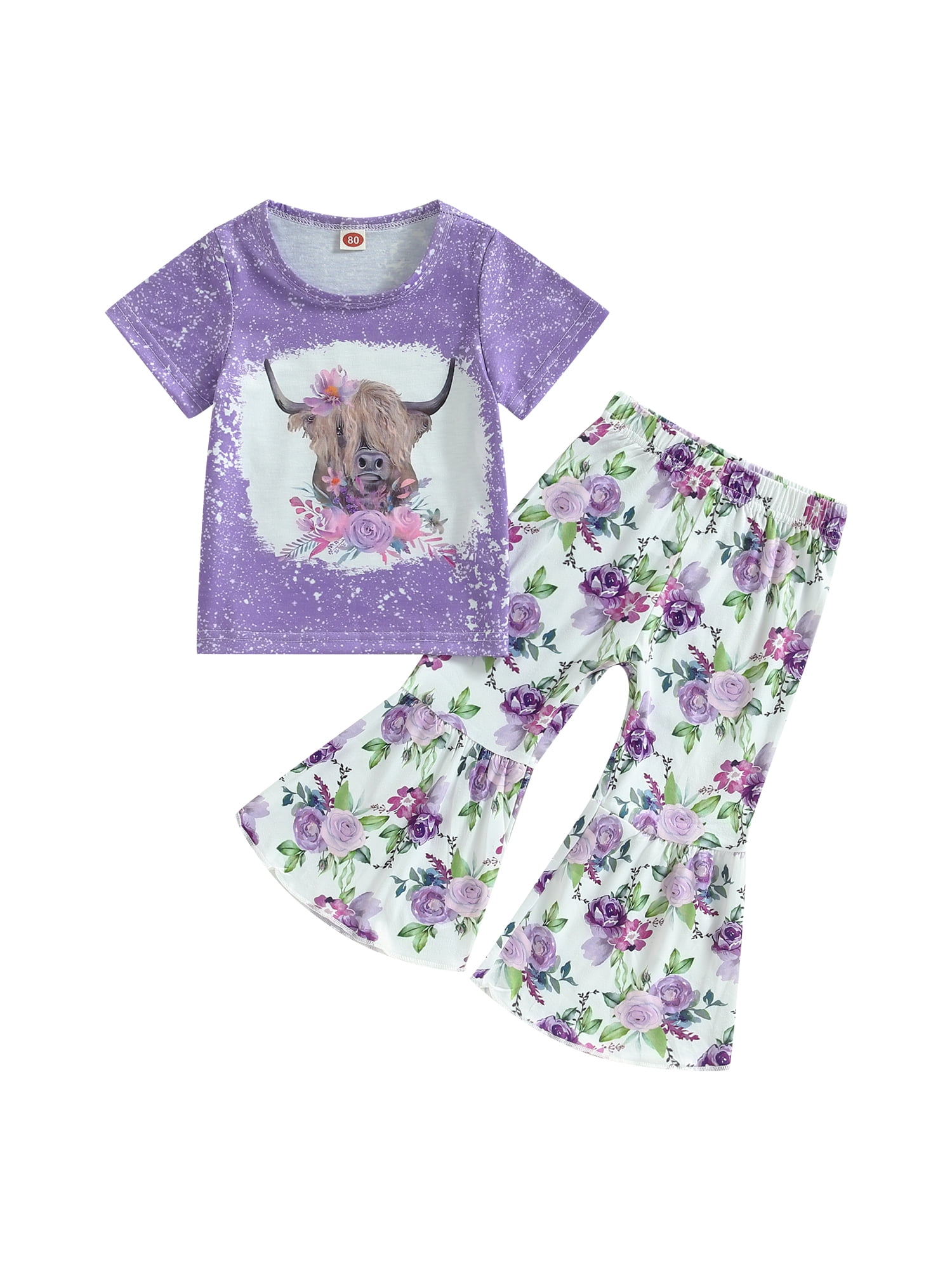 Emmababy Fashionable Cow Head Print TShirt and Flare Pants Suit for