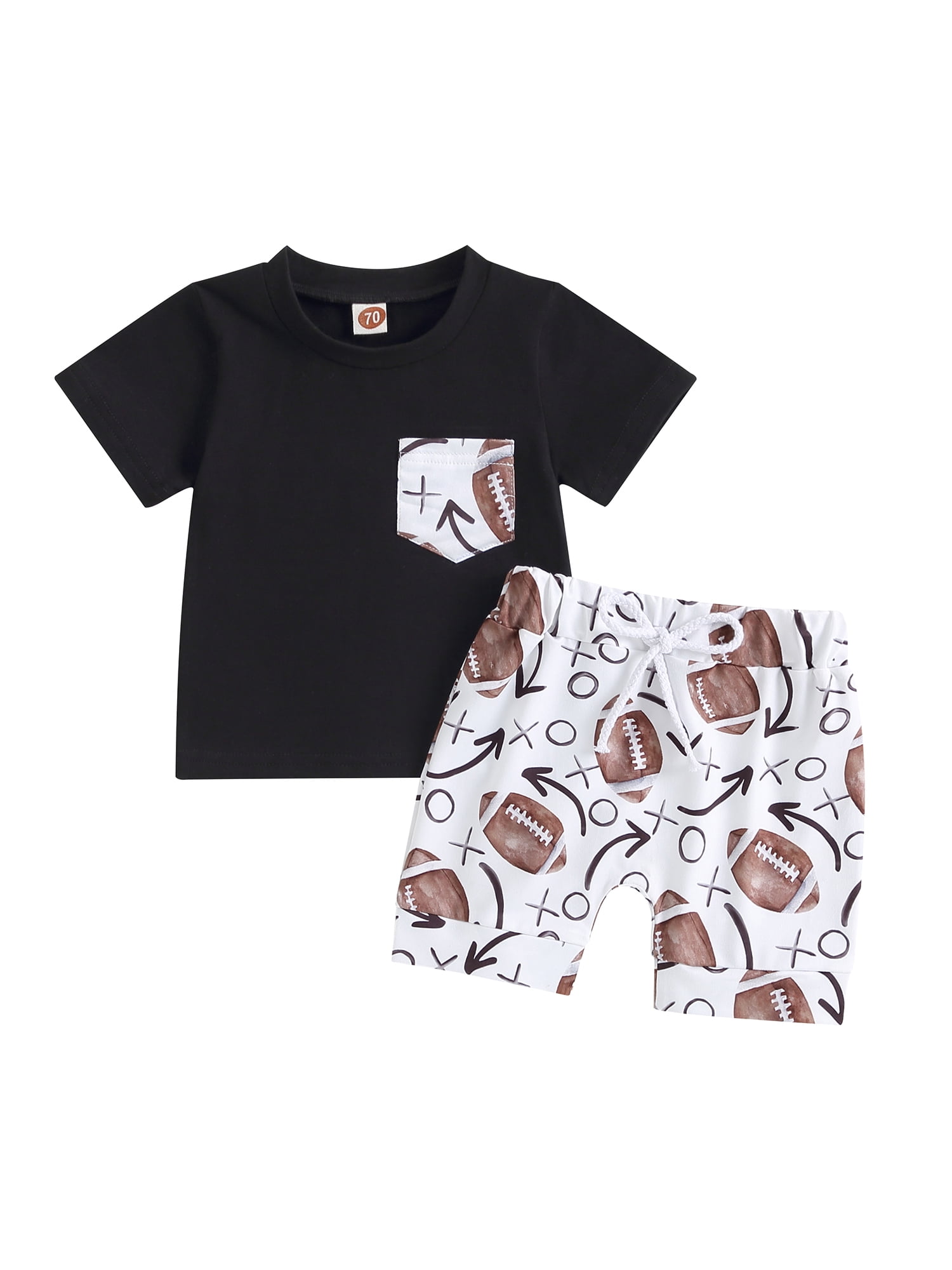 Emmababy Toddler Boys' Black Short Sleeve Tops and Rugby Print Shorts
