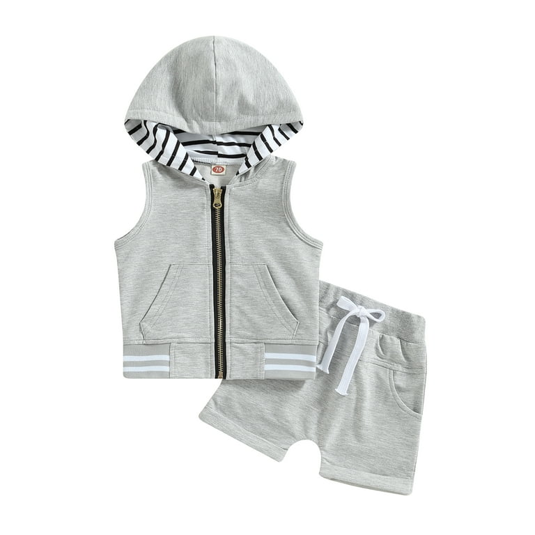 Emmababy Toddler Boys Sleeveless Hoodie with Zipper and Drawstring Shorts in Solid Color Walmart