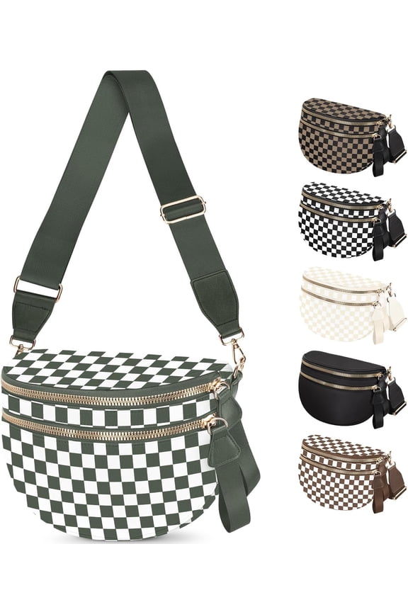 Emmafy Crossbody Bags for Women,Spacious Nylon Checkered Crossbody Bum Bag for Women, Fashion Checkerboard Fanny Pack Purse with Anti-theft Pocket, Adjustable Wider Strap Wasit Bag