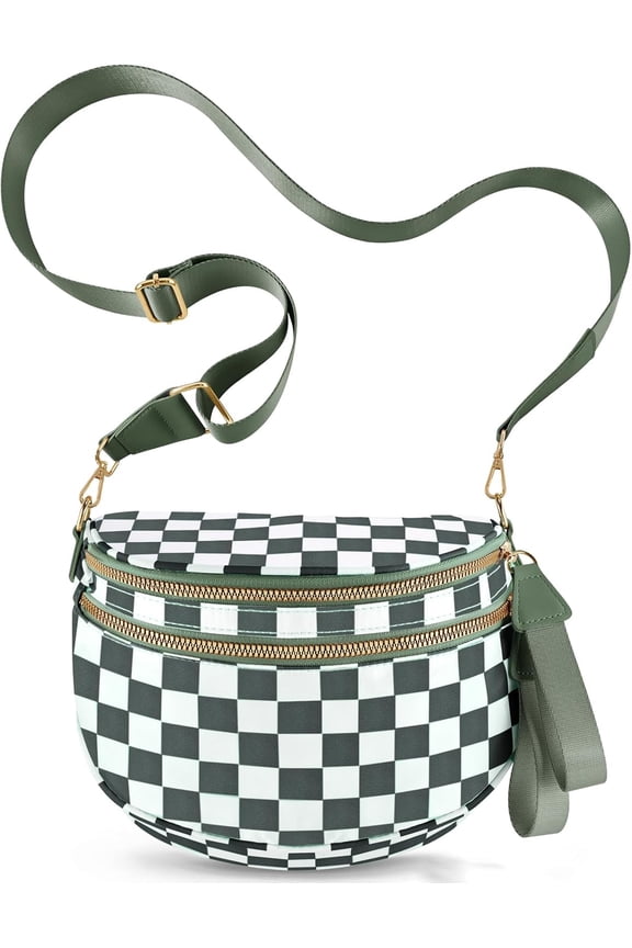 Emmafy Large Nylon Bum Bag – Plus Size Fanny Pack Sling Bag with Checkered Pattern, Adjustable Crossbody Belt Bag for Women Travel, Gym, Outdoor