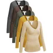 EMMALISE 5-Pack Women’s Long Sleeve Junior V-Neck Shirts-Autumn Essentials Pack-M