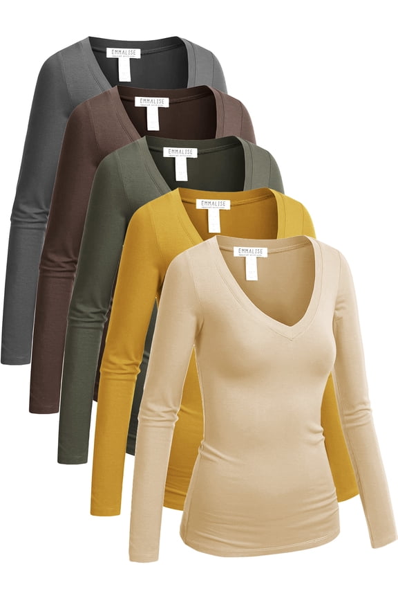 5-Pack Women’s Long Sleeve Junior V-Neck Shirts-Autumn Essentials Pack-S
