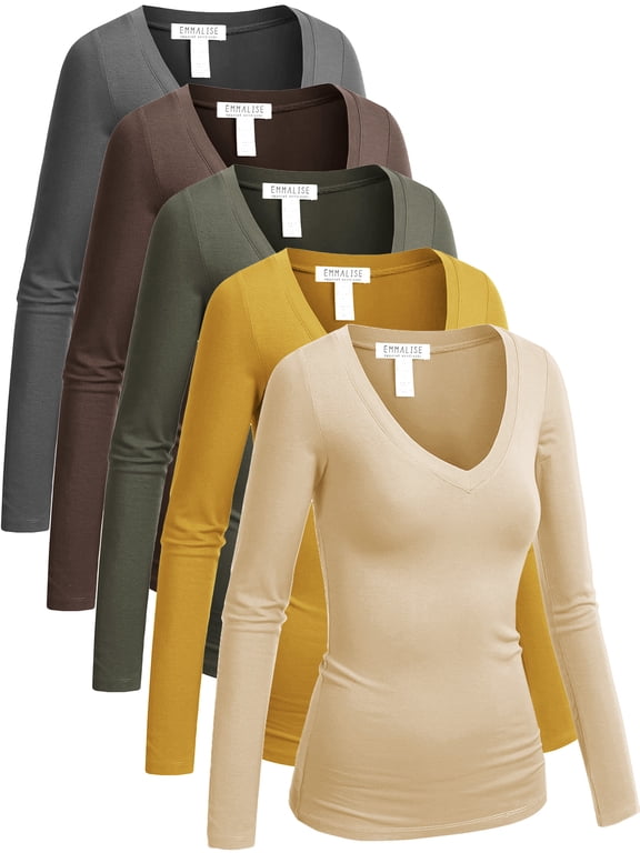5-Pack Women’s Long Sleeve Junior V-Neck Shirts-Autumn Essentials Pack-XL