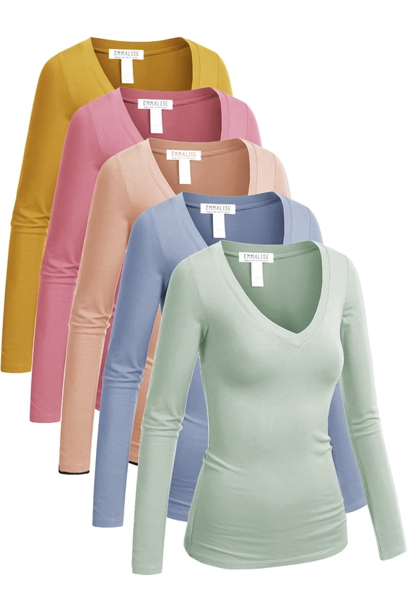 5-Pack Women’s Long Sleeve Junior V-Neck Shirts-Bright & Pastel Color-L