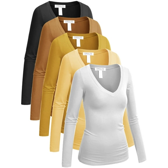 Emmalise 5-Pack Women’s Long Sleeve Junior V-Neck Shirts-Everyday Yellow Color-M