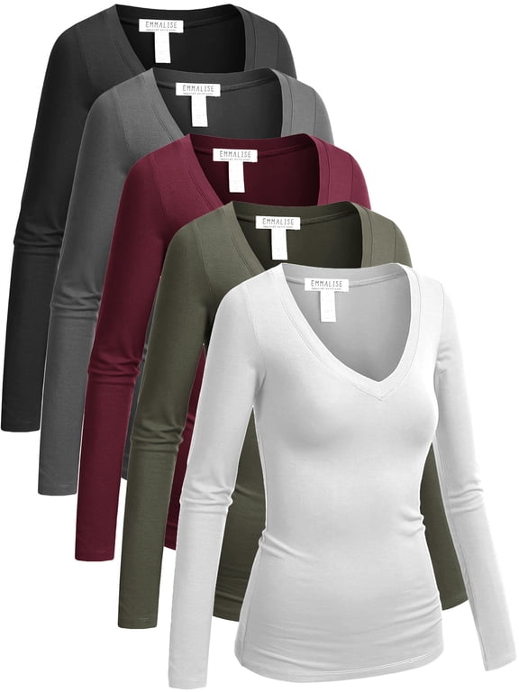 5-Pack Women’s Long Sleeve Junior V-Neck Shirts-Modern Contrast Set-S