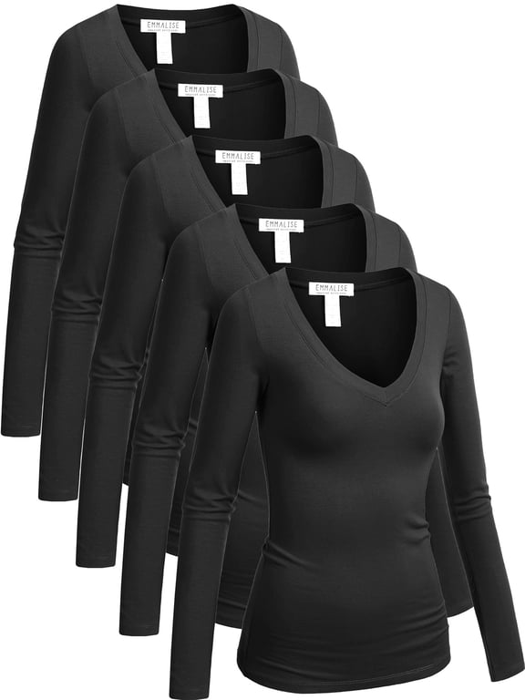 5-Pack Women’s Long Sleeve Junior V-Neck Shirts-Pure Black Pack-XL