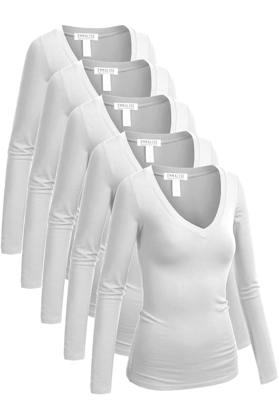 5-Pack Women’s Long Sleeve Junior V-Neck Shirts-Pure White Pack-S