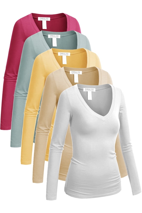 5-Pack Women’s Long Sleeve Junior V-Neck Shirts-Seasonal Blend Color-L