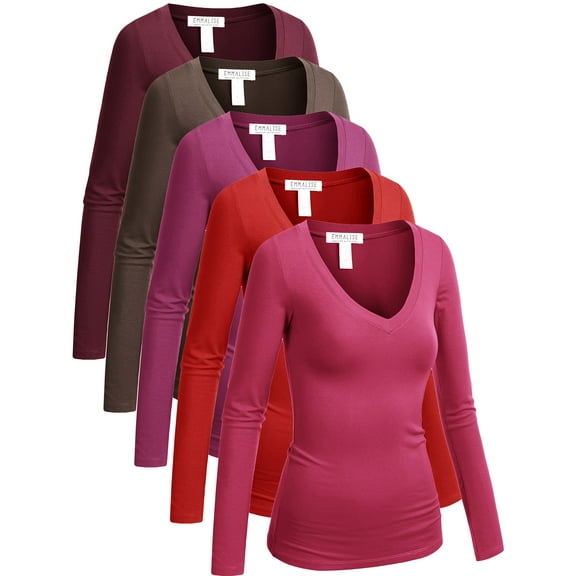 Emmalise 5-Pack Women’s Long Sleeve Junior V-Neck Shirts-Warm Reds Collection-M