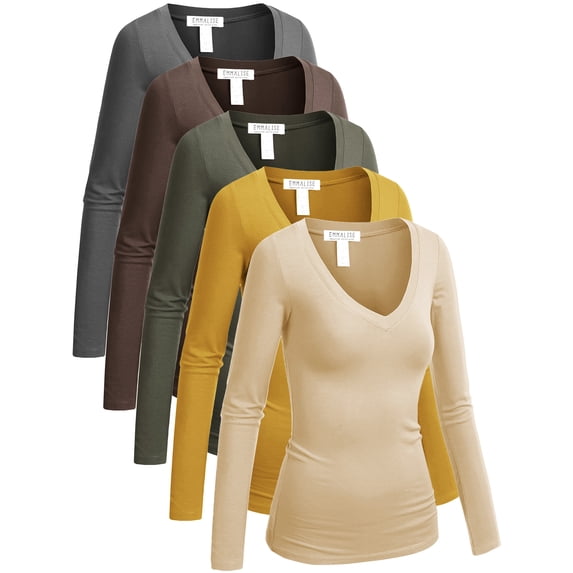 Emmalise 5-Pack Women’s Long Sleeve Plus Size V-Neck Shirts-Autumn Essentials Pack-1X