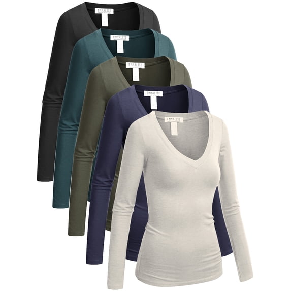 Emmalise Long Sleeve V-Neck T-Shirts, 5-Pack (Women's Plus)
