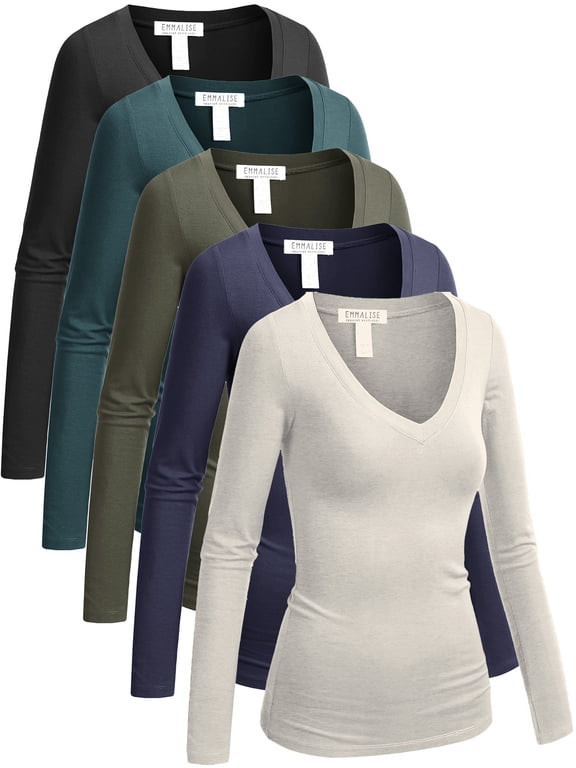 Long Sleeve V-Neck T-Shirts, 5-Pack (Women's Plus)
