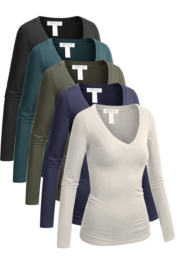 Long Sleeve V-Neck T-Shirts, 5-Pack (Women's Plus)