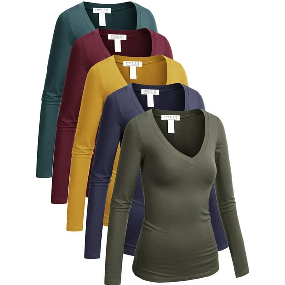 Emmalise 5-Pack Women’s Long Sleeve Plus Size V-Neck Shirts-Fall & Winter Color-1X