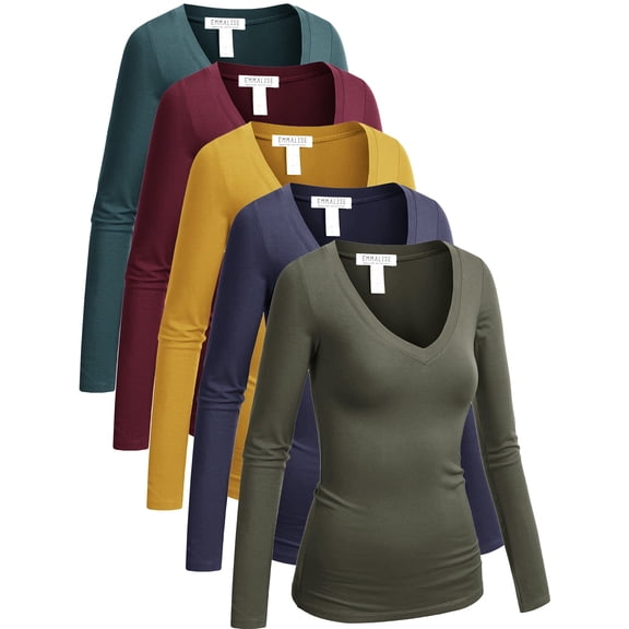 Emmalise Long Sleeve V-Neck Casual T-Shirts, 5-Pack Women's Plus 1X