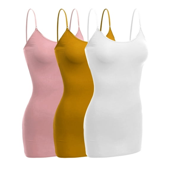 Emmalise Women Camisole Built In Bra Wireless Fabric Support Long Layering Cami, Small, 3Pk Dk Pink Mustard White