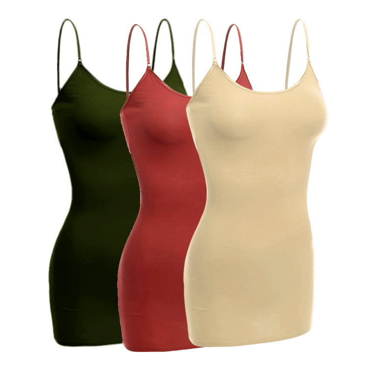 Emmalise Women Camisole Built In Bra Wireless Fabric Support Long Layering  Cami, Small, 3Pk Khaki Rust Olive