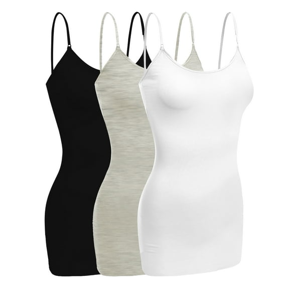 Emmalise Women Camisole Built in Bra Wireless Fabric Support Long Layering Cami, Large, 3Pk Black, Oatmeal, White