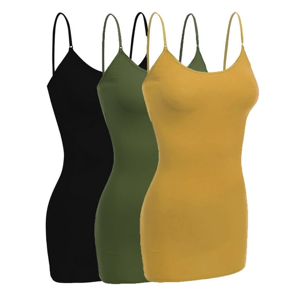 Emmalise Women Camisole Built in Bra Wireless Fabric Support Long Layering Cami, Large, 3Pk Black, Olive, Mustard