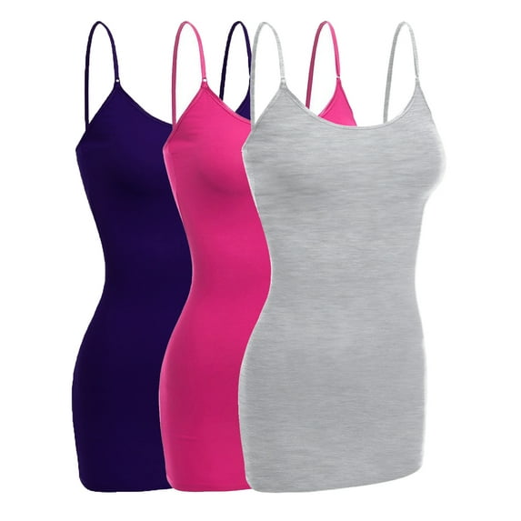 Emmalise Women Camisole Built in Bra Wireless Fabric Support Long Layering Cami, Large, 3Pk HthGray, Purple, Fuschia