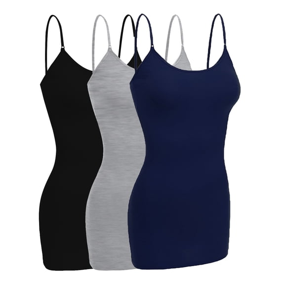 Emmalise Women Camisole Built in Bra Wireless Fabric Support Long Layering Cami, Large, 3Pk Navy, HthGray, Black