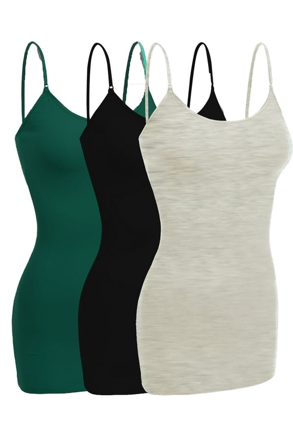 Women Camisole Built in Bra Wireless Fabric Support Long Layering Cami, Small, 3Pk Black, Green Teal, Oatmeal
