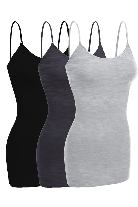 Women Camisole Built in Bra Wireless Fabric Support Long Layering Cami, Small, 3Pk Black, HthGray, HthCharcoal