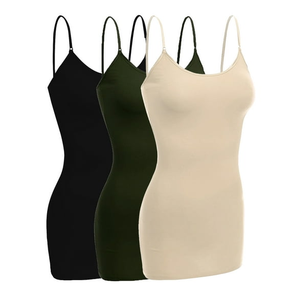 Emmalise Women Camisole Built in Bra Wireless Fabric Support Long Layering Cami, Small, 3Pk Black, Olive, Khaki
