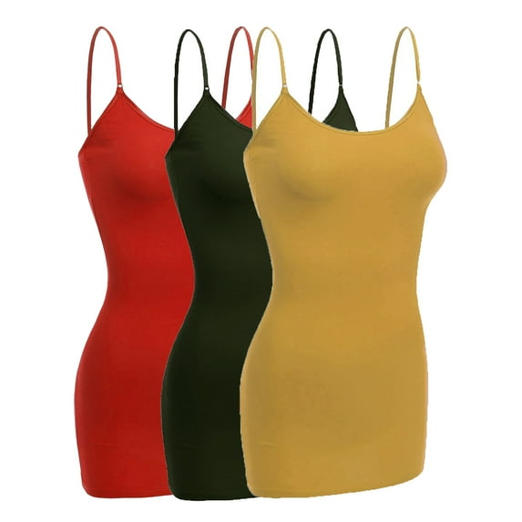 Emmalise Women Camisole Built in Bra Wireless Fabric Support Long Layering Cami, Small, 3Pk Mustard, Olive, Red