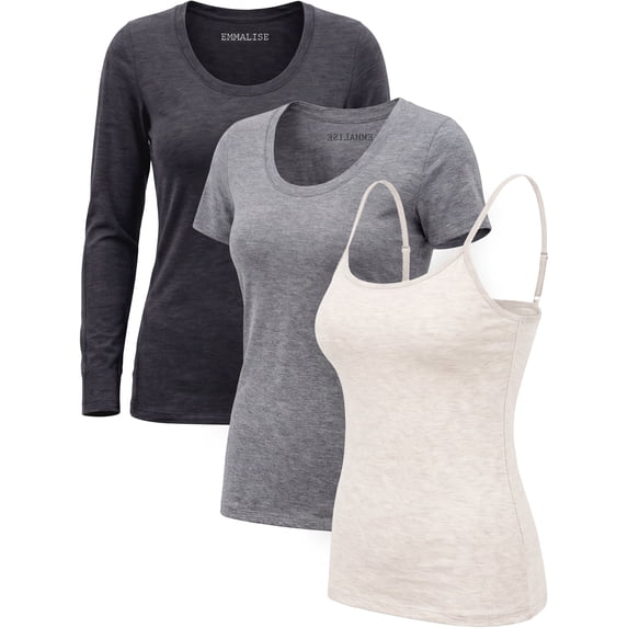 Emmalise Women’s 3-Piece Top Set: Cami, Short & Long Sleeve Scoop Neck Essential Heather & Oatmeal Mix-S