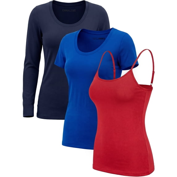 Emmalise Women’s 3-Piece Top Set: Cami, Short & Long Sleeve Scoop Neck Patriotic Primary 3-Piece Mix-M