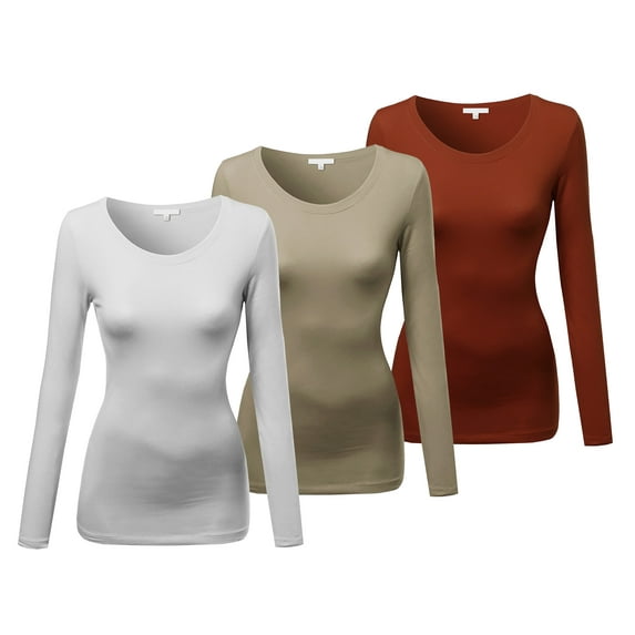 Emmalise Women's Basic Athletic Fit Tshirt Long Sleeves Round Crew Neck Tee (3Pk White, Taupe, Dark Rust, Small)