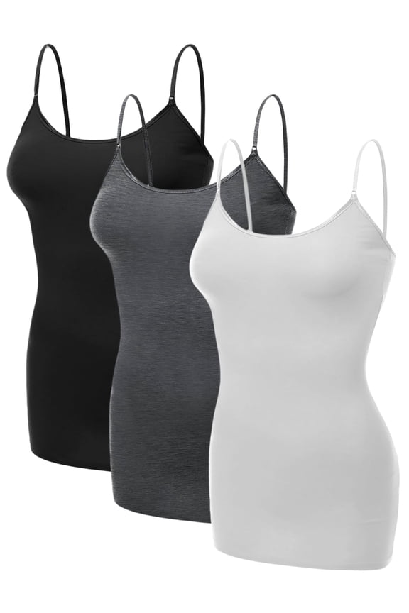 Women's Basic Casual Long Camisole Adjustable Strap Cami Layering Top, 1xl, 3Pk Black, Hth Charcoal, White