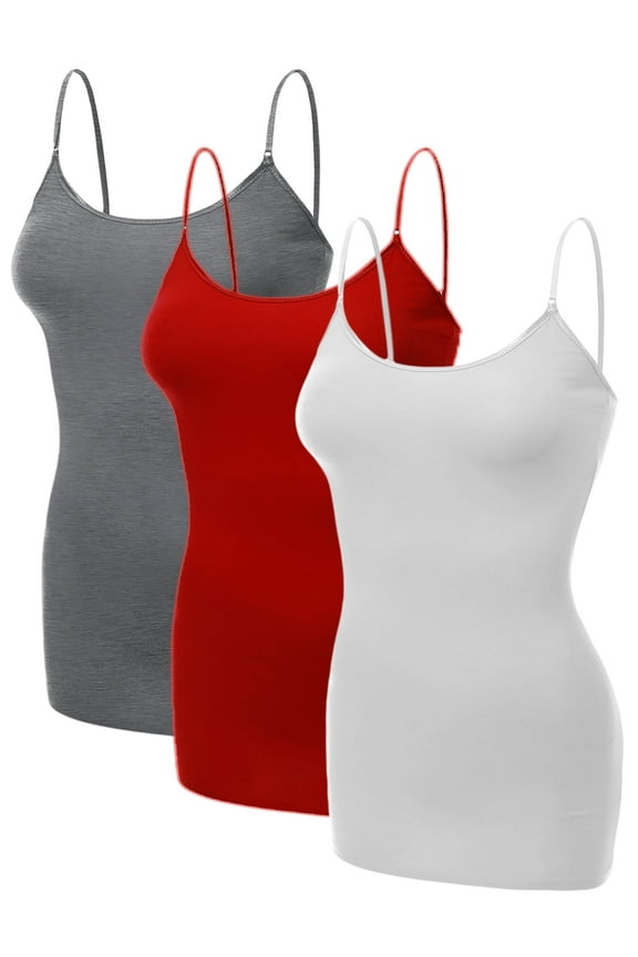 Women's Basic Casual Long Camisole Adjustable Strap Cami Layering Top, Large, 3Pk Hth Charcoal, Red, White