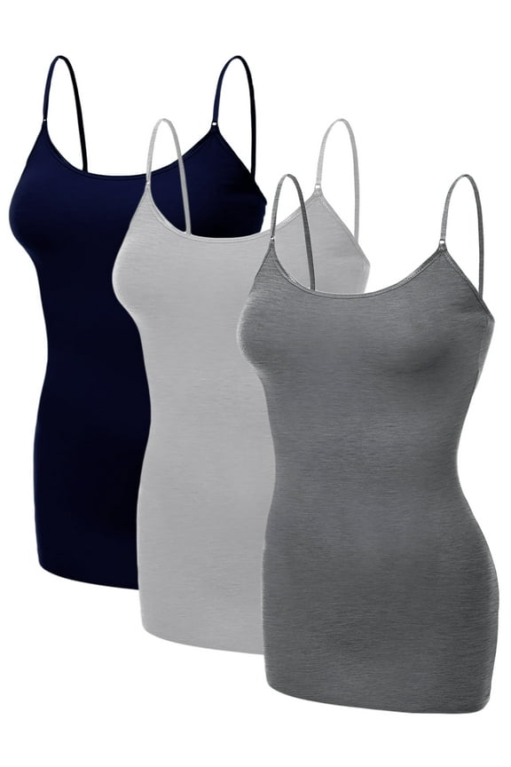 Emmalise Women's Basic Casual Long Camisole Adjustable Strap Cami Layering Top, Large, 3Pk Navy, Hth Grey, Hth Charcoal