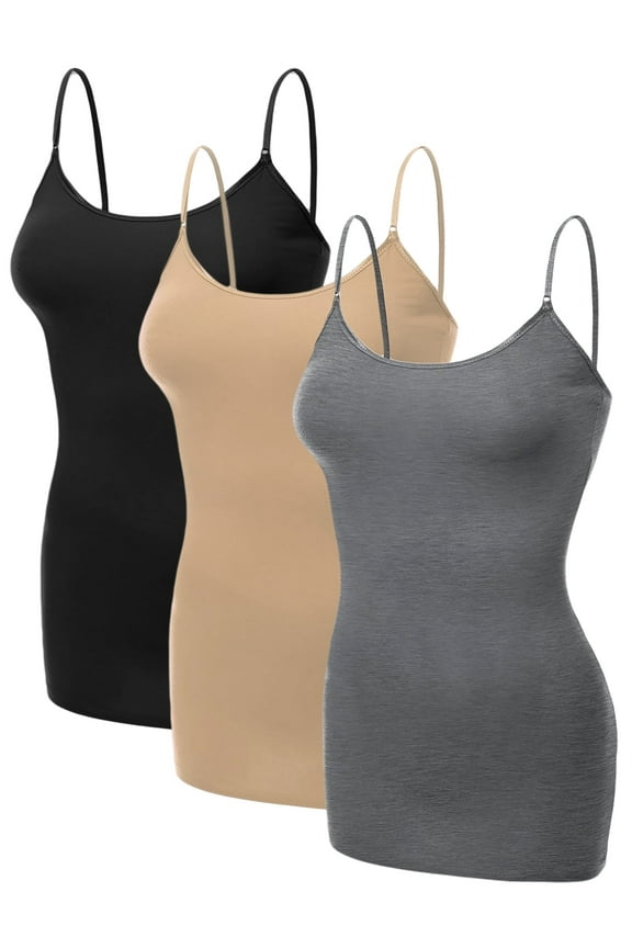 Emmalise Women's Basic Casual Long Camisole Adjustable Strap Cami Layering Top, Medium, 3Pk Black, Khaki, Hth Charcoal