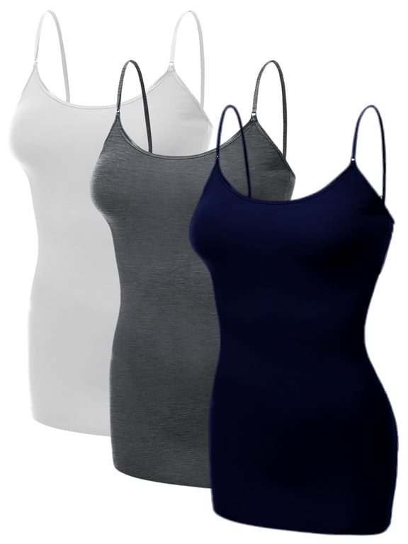 Emmalise Women's Basic Casual Long Camisole Adjustable Strap Cami Layering Top, Medium, 3Pk White, Hth Charcoal, Navy