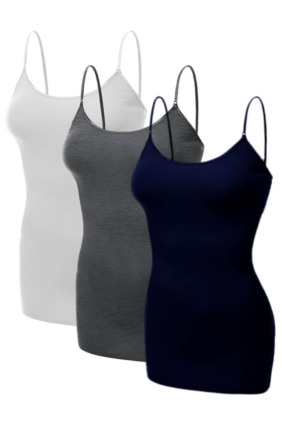 Emmalise Women's Basic Casual Long Camisole Adjustable Strap Cami Layering Top, Medium, 3Pk White, Hth Charcoal, Navy