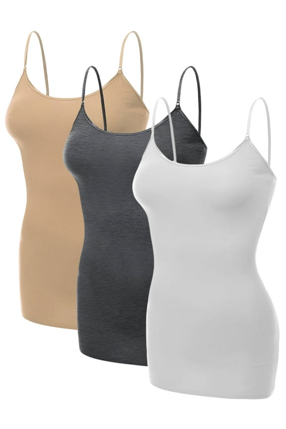 Emmalise Women's Basic Casual Long Camisole Adjustable Strap Cami Layering Top, Medium, 3PkKhaki, Hth Charcoal, White
