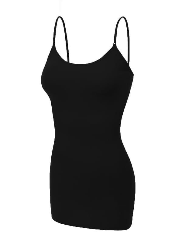 Essential Basic Women's Basic Casual Long Camisole Adjustable Strap Cami Layering Top, Medium, Black