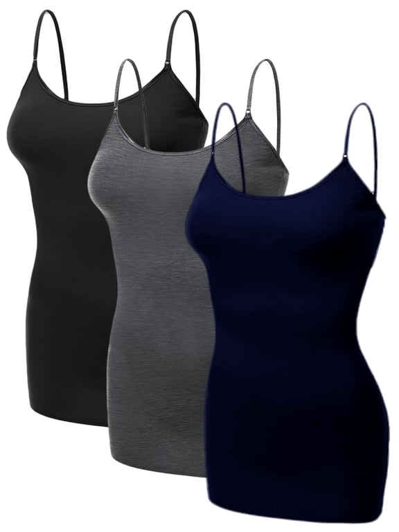 Emmalise Women's Basic Casual Long Camisole Adjustable Strap Cami Layering Top, Small, 3Pk Black, Hth Charcoal, Navy